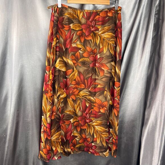 Y2K Vintage Dana Buchman 100% Silk Midi Skirt 14 Petite Fall Leaves Floral Mesh - Picture 3 of 12